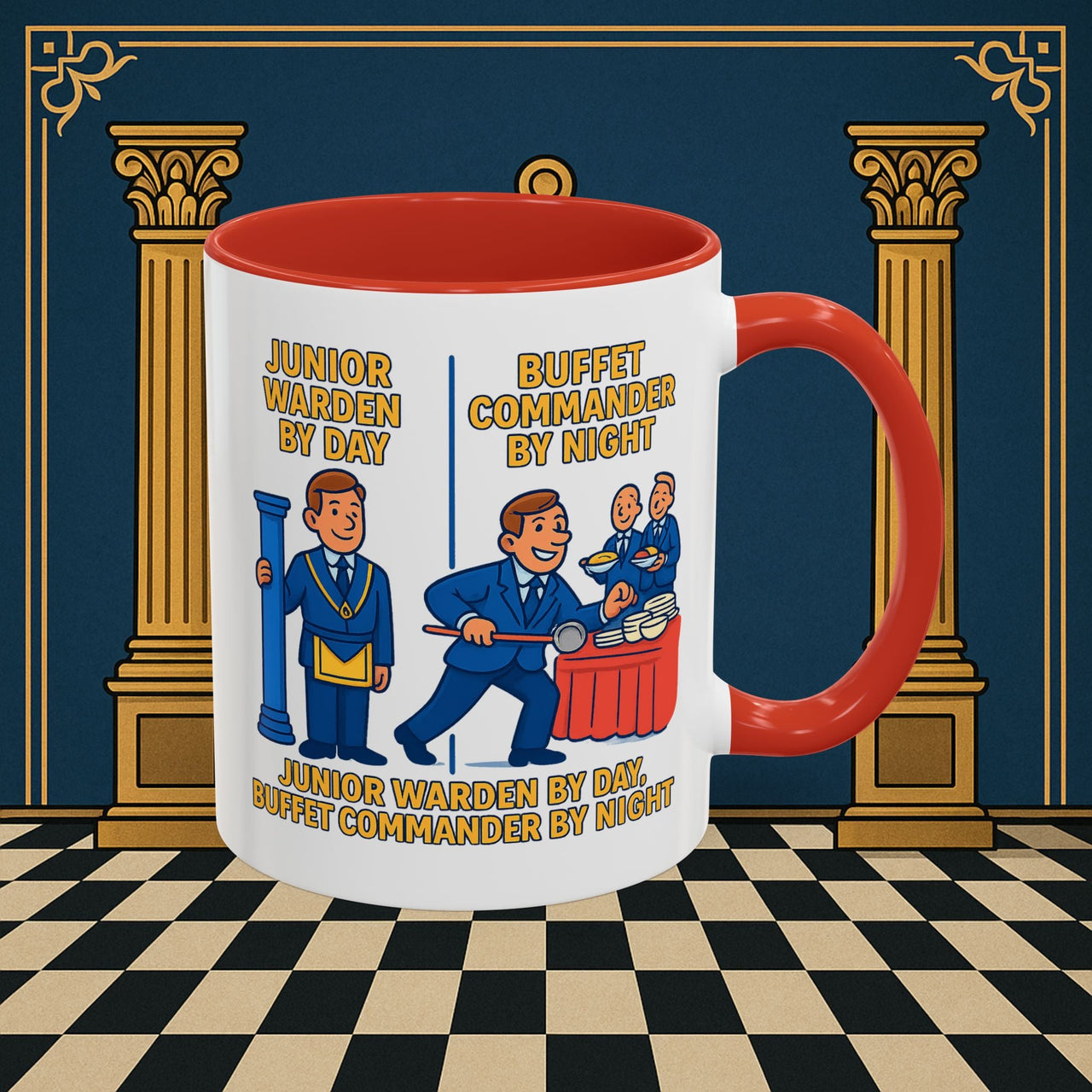 Masonic Mugs - Day/Night Professional: Dual Persona Comic Illustration, Junior Warden Printify
