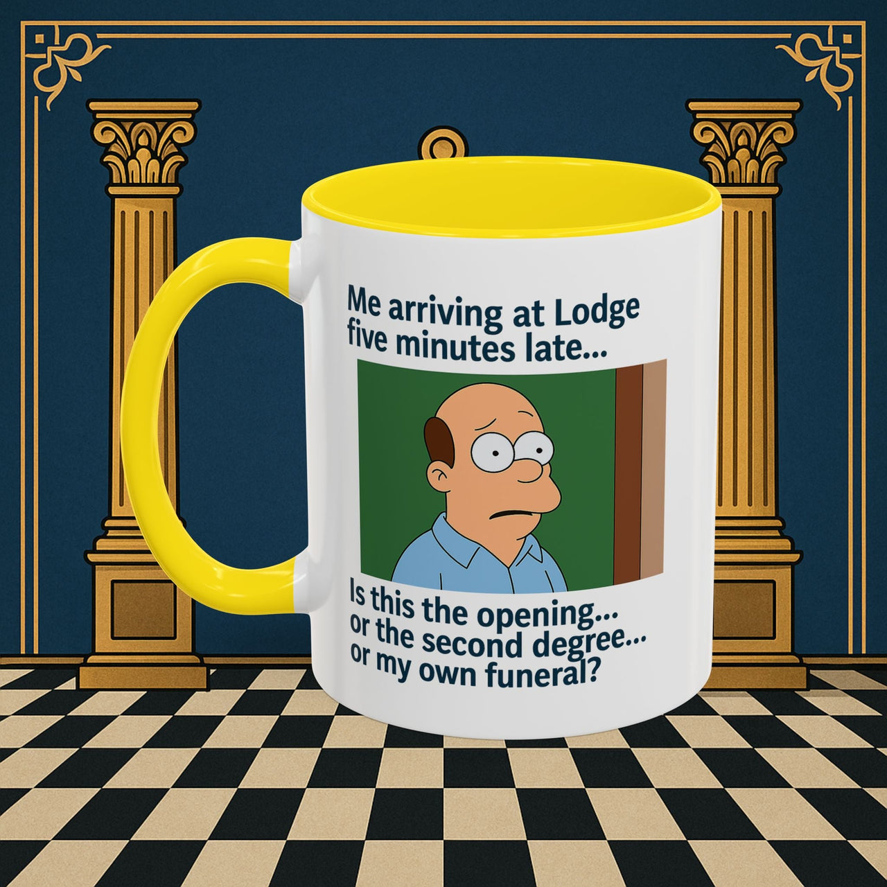 Masonic Mugs Ready to Go – Five Minutes Late (Accent Coloured 11oz Mug) Printify