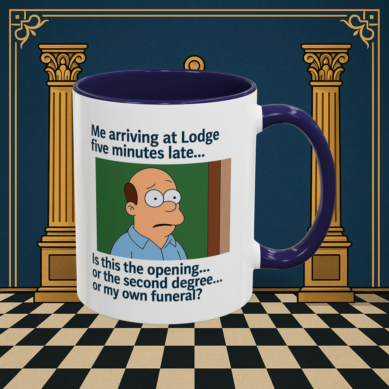 Masonic Mugs Ready to Go – Five Minutes Late (Accent Coloured 11oz Mug) Printify