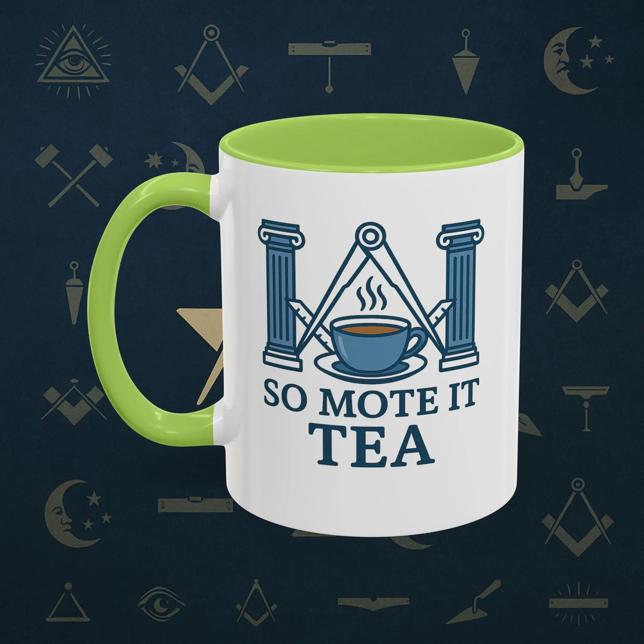 Masonic Mugs Ready to Go – So Mote It Tea (Accent Coloured 11oz Mug) Printify