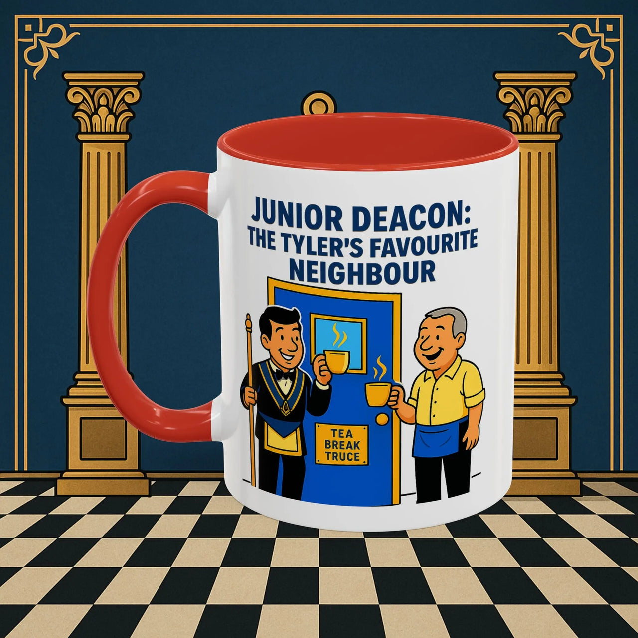 Masonic Mugs - Junior Deacon: Tea Break Truce, Masonic Brotherhood Cartoon, Junior Deacon Printify