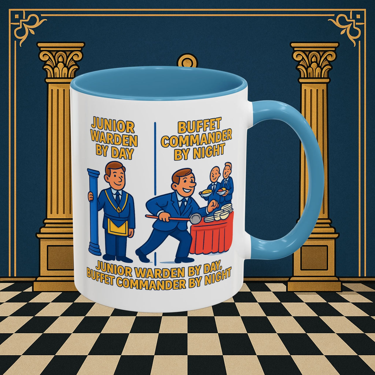 Masonic Mugs - Day/Night Professional: Dual Persona Comic Illustration, Junior Warden Printify