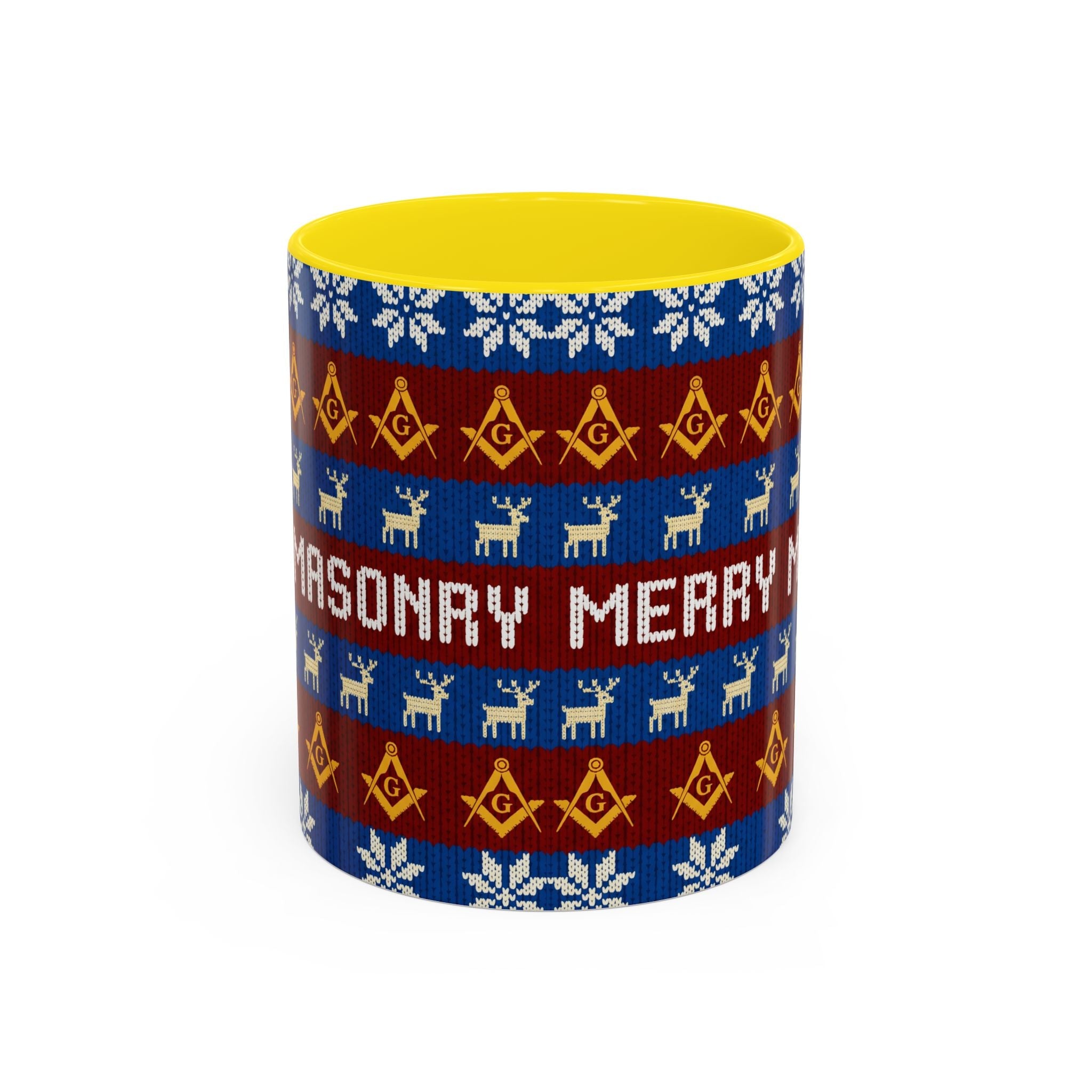 Masonry Merry Coffee Mug — Festive Freemason Holiday Ugly Sweater Design Printify