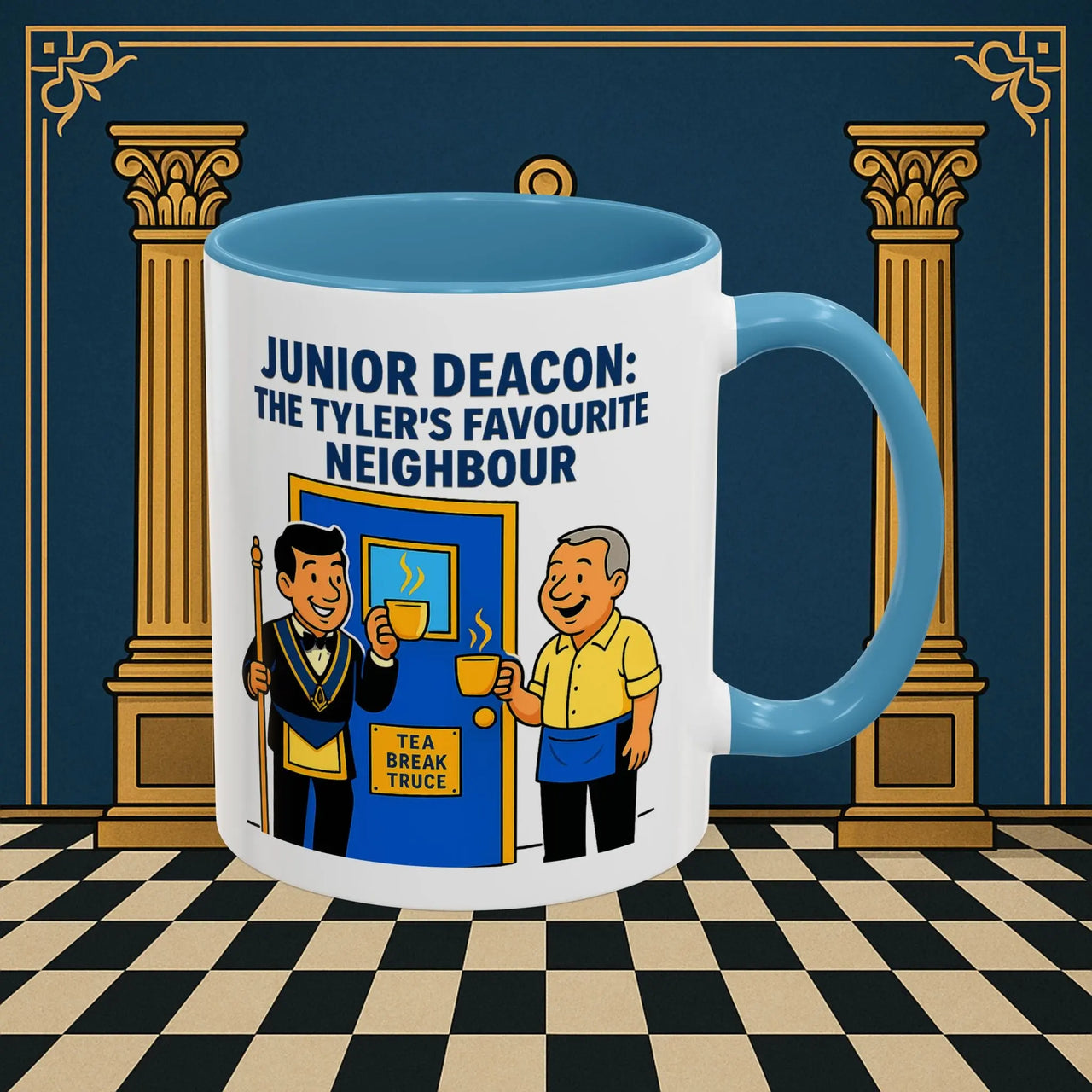 Masonic Mugs - Junior Deacon: Tea Break Truce, Masonic Brotherhood Cartoon, Junior Deacon Printify