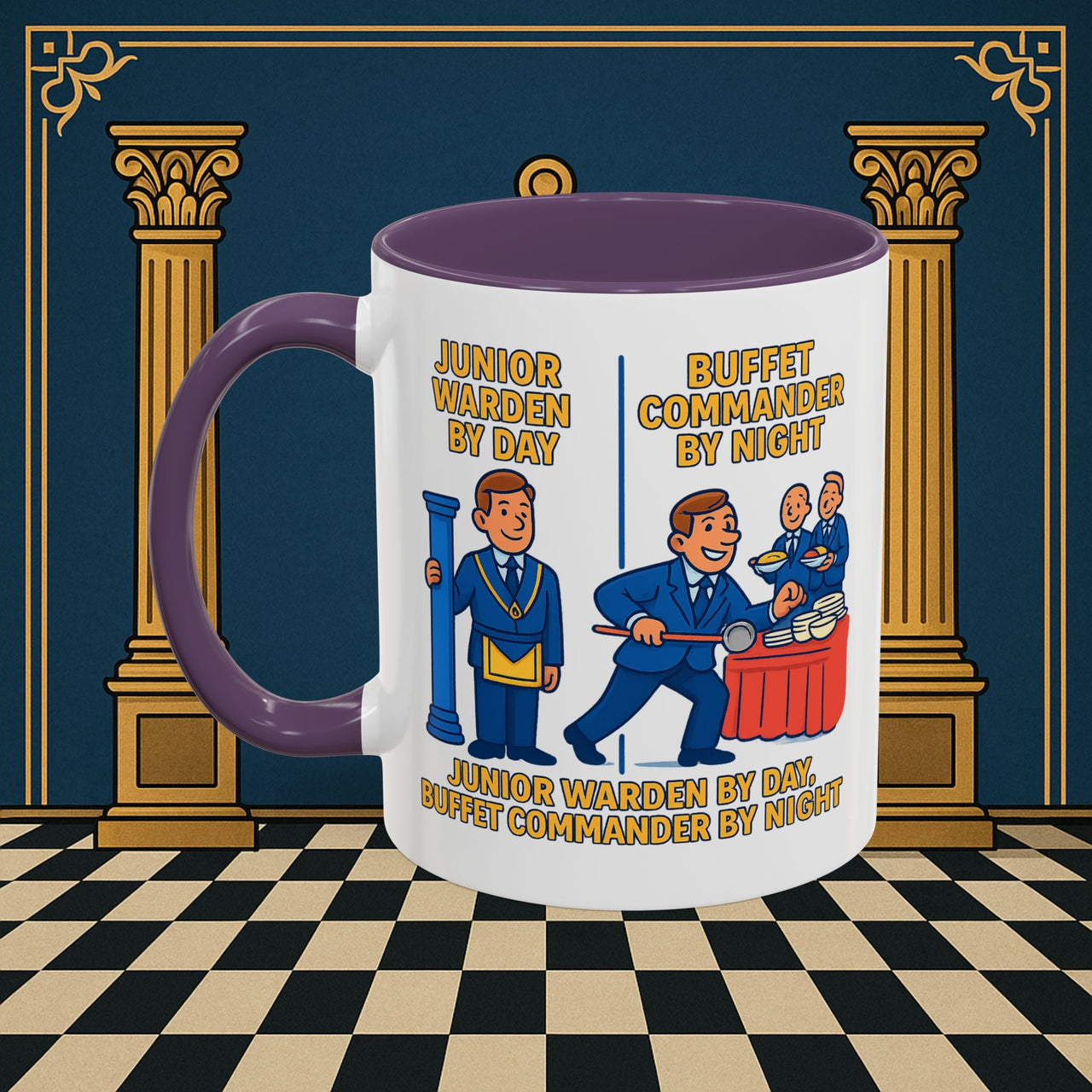 Masonic Mugs - Day/Night Professional: Dual Persona Comic Illustration, Junior Warden Printify
