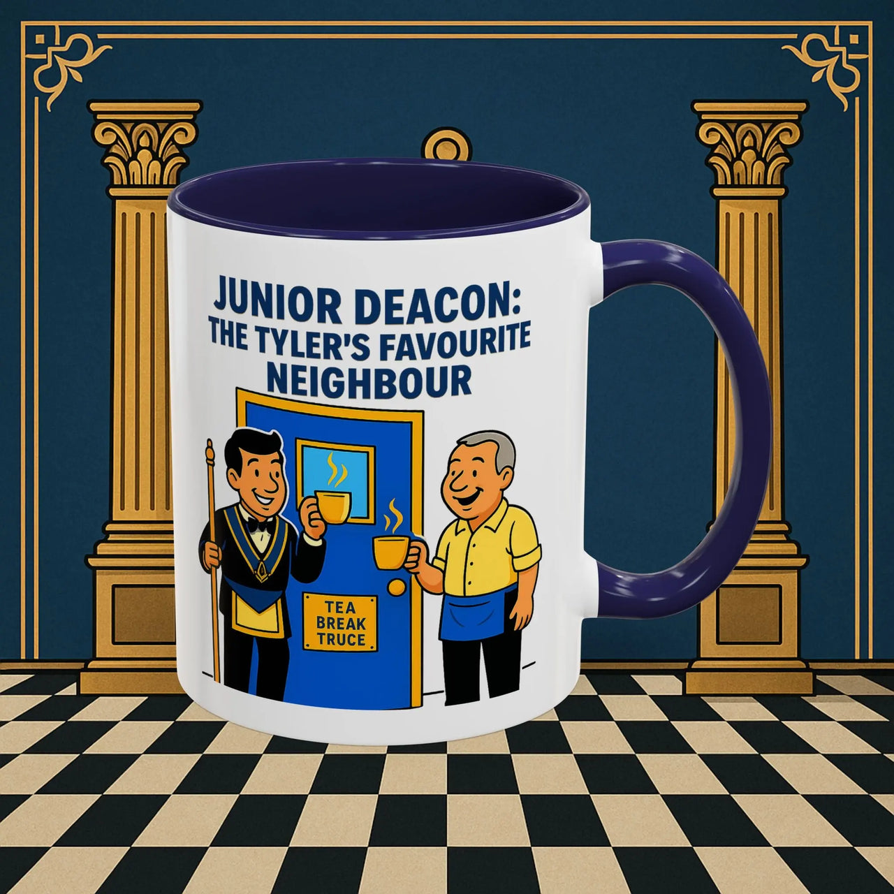 Masonic Mugs - Junior Deacon: Tea Break Truce, Masonic Brotherhood Cartoon, Junior Deacon Printify