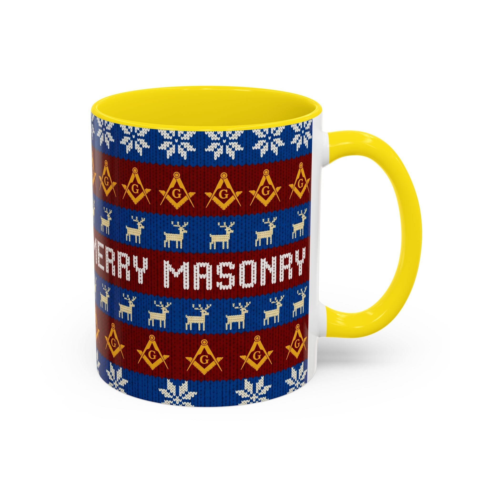 Masonry Merry Coffee Mug — Festive Freemason Holiday Ugly Sweater Design Printify