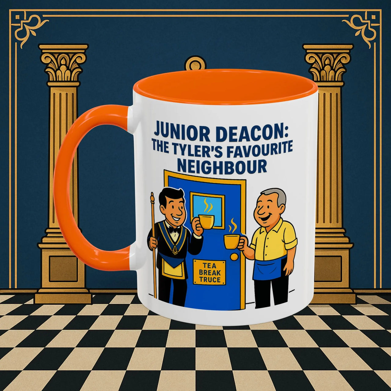 Masonic Mugs - Junior Deacon: Tea Break Truce, Masonic Brotherhood Cartoon, Junior Deacon Printify