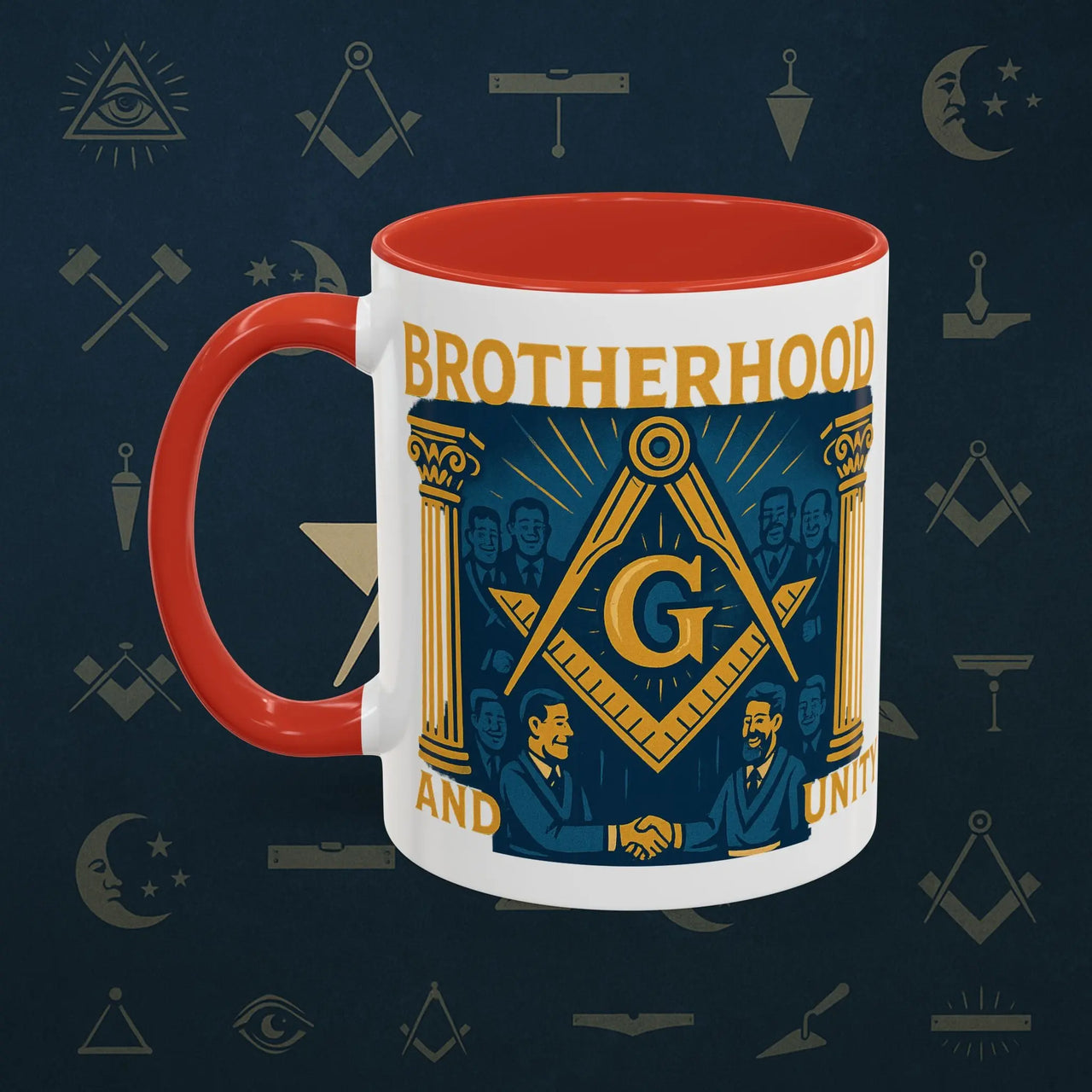 Masonic Mugs Ready to Go – Brotherhood and Unity (Accent Coloured 11oz Mug) Printify