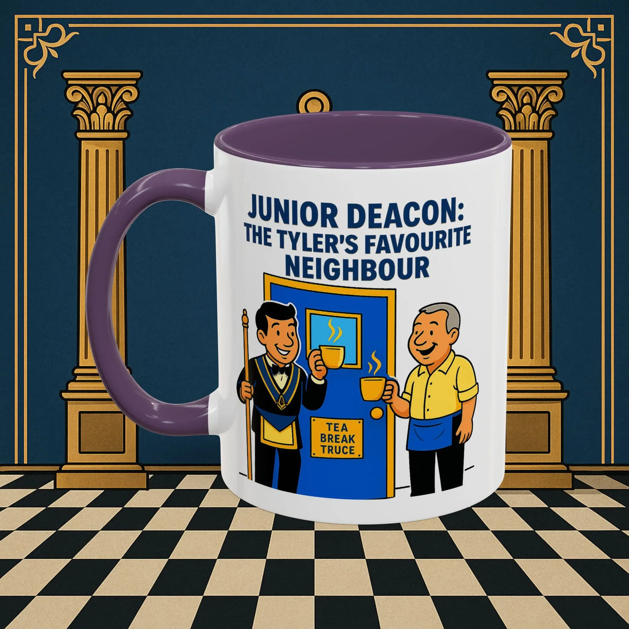 Masonic Mugs - Junior Deacon: Tea Break Truce, Masonic Brotherhood Cartoon, Junior Deacon Printify