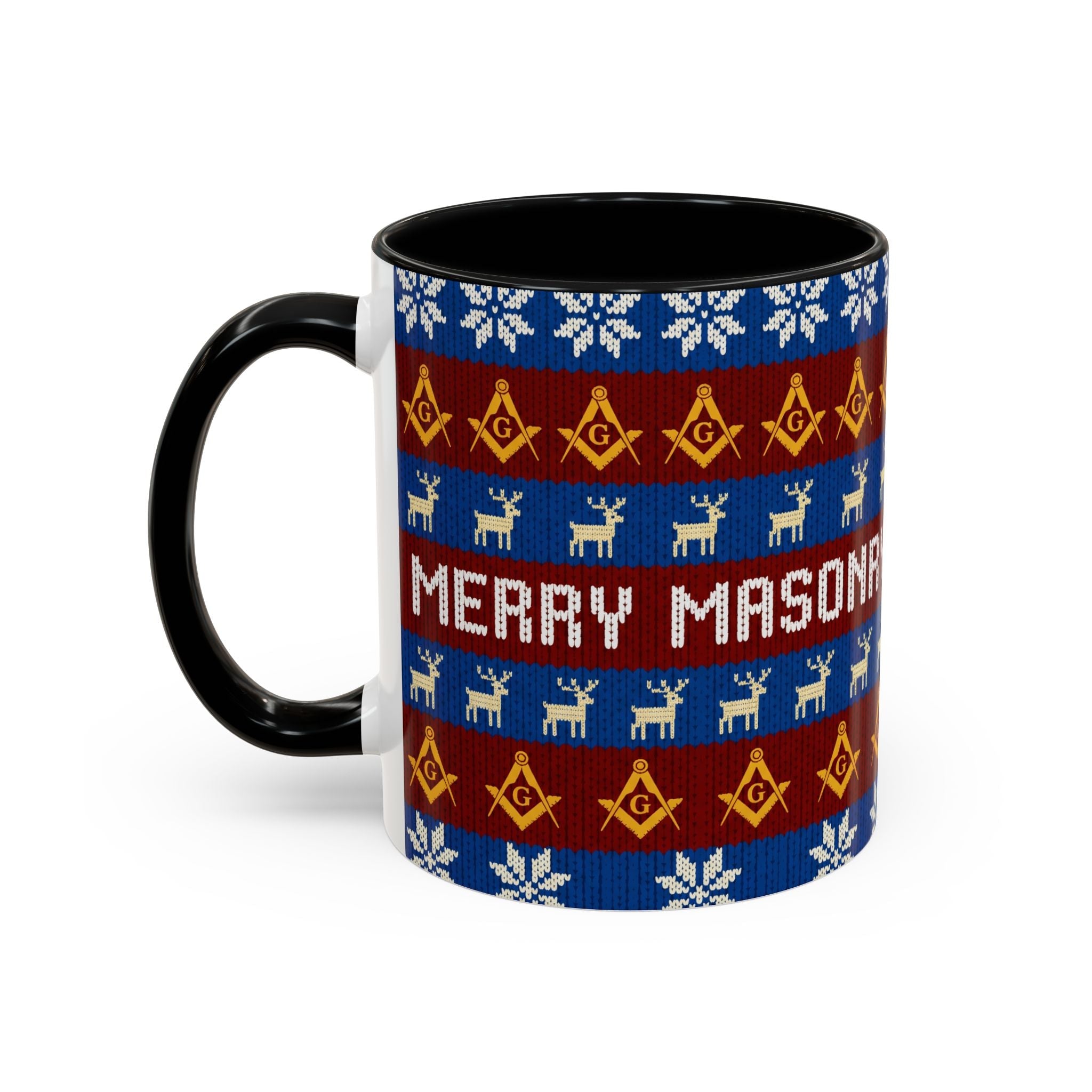 Masonry Merry Coffee Mug — Festive Freemason Holiday Ugly Sweater Design Printify