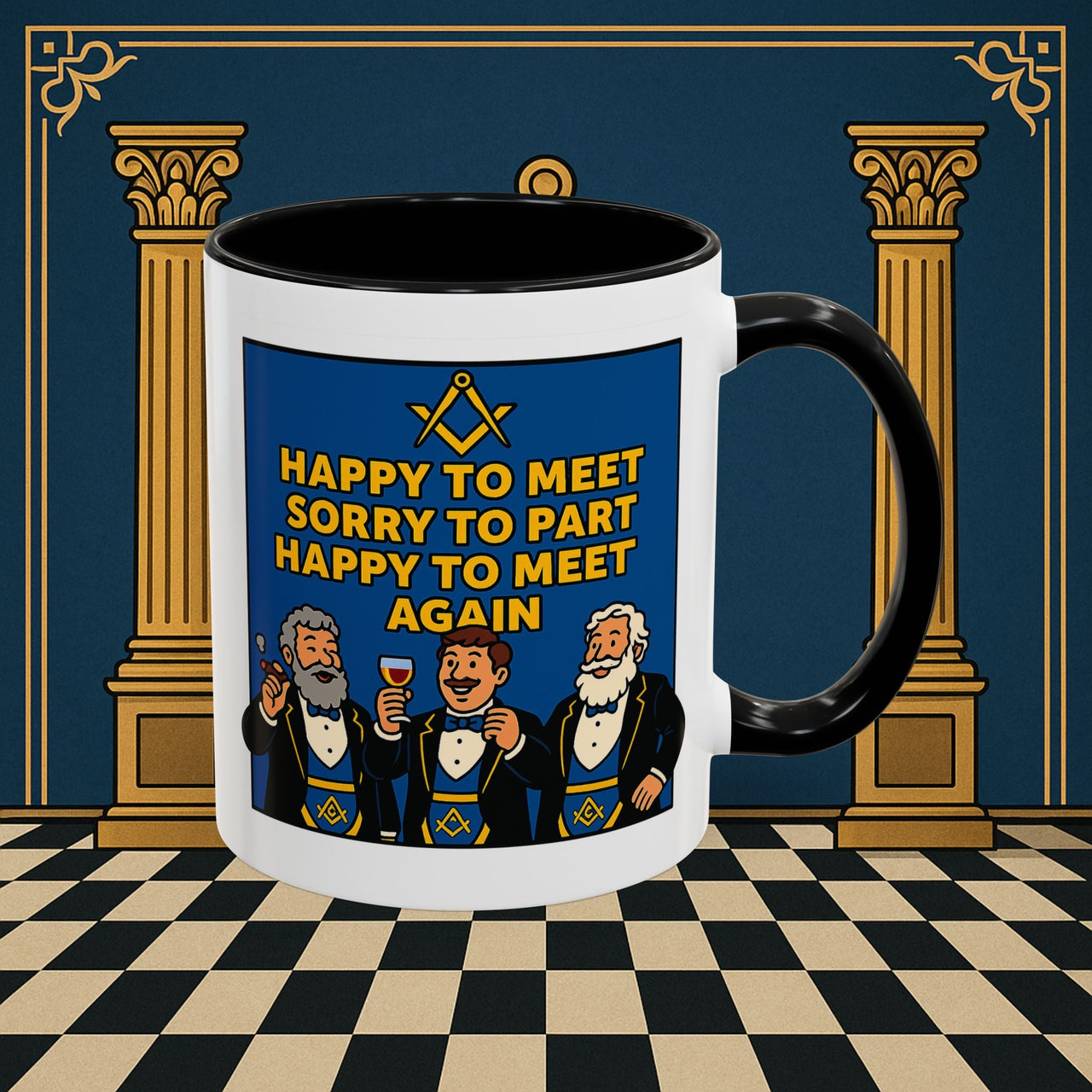 Masonic Mugs Ready to Go – Happy to Meet Again (Accent Coloured 11oz Mug) Printify