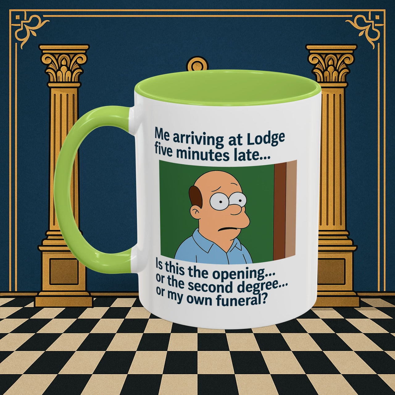 Masonic Mugs Ready to Go – Five Minutes Late (Accent Coloured 11oz Mug) Printify