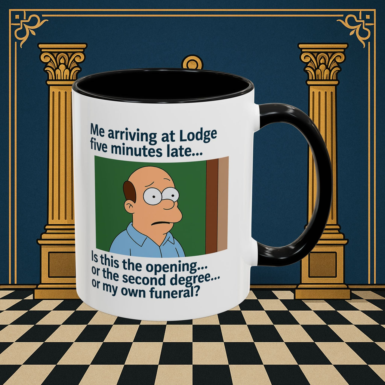 Masonic Mugs Ready to Go – Five Minutes Late (Accent Coloured 11oz Mug) Printify