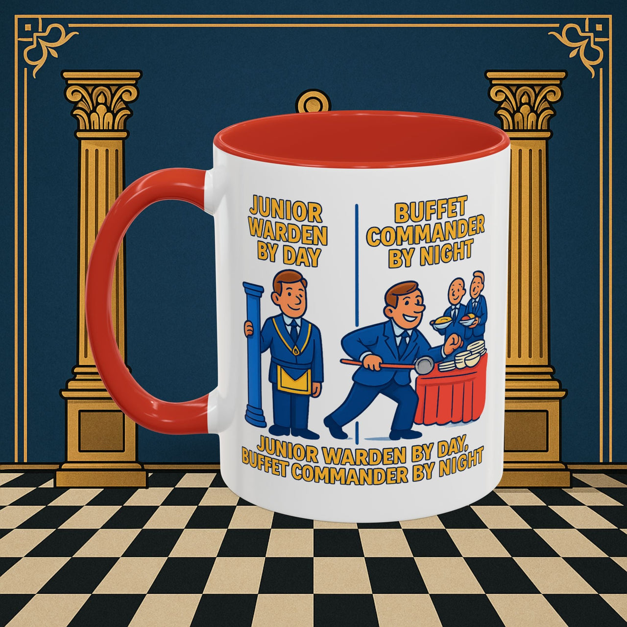 Masonic Mugs - Day/Night Professional: Dual Persona Comic Illustration, Junior Warden Printify