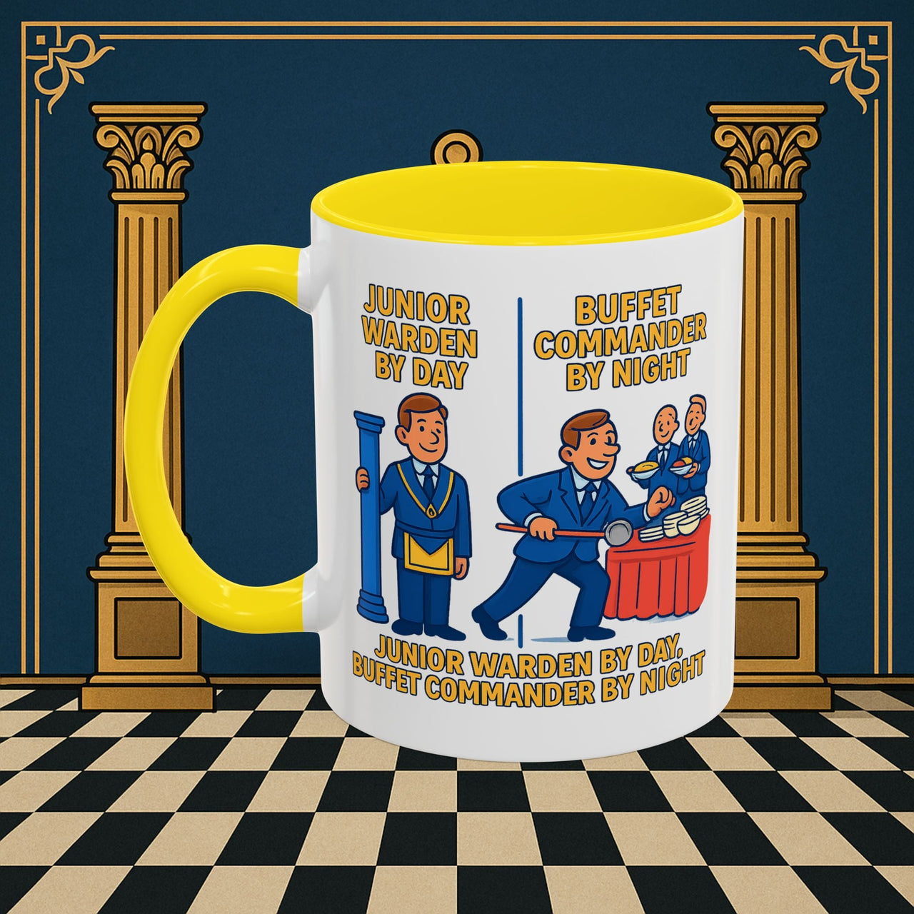 Masonic Mugs - Day/Night Professional: Dual Persona Comic Illustration, Junior Warden Printify