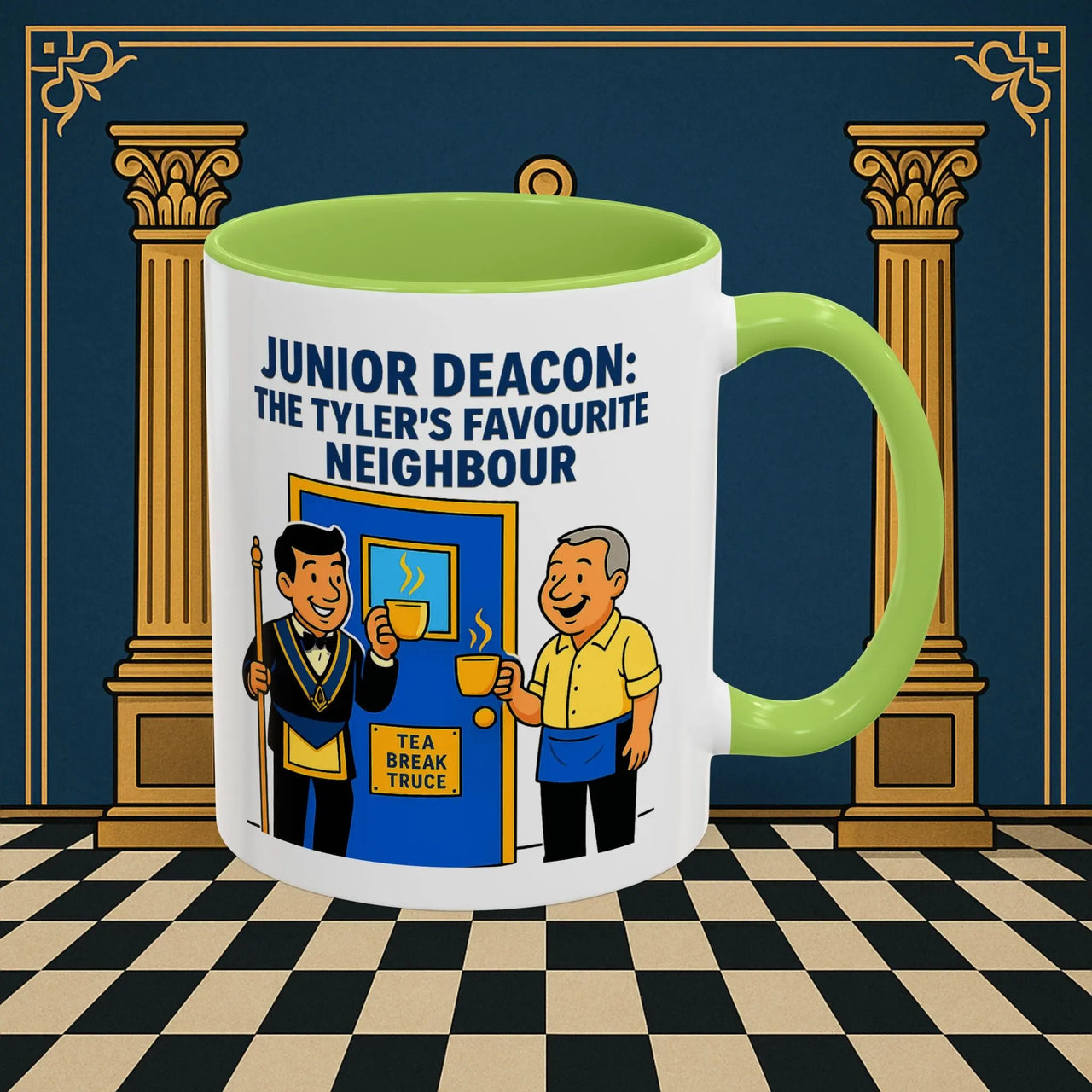 Masonic Mugs - Junior Deacon: Tea Break Truce, Masonic Brotherhood Cartoon, Junior Deacon Printify