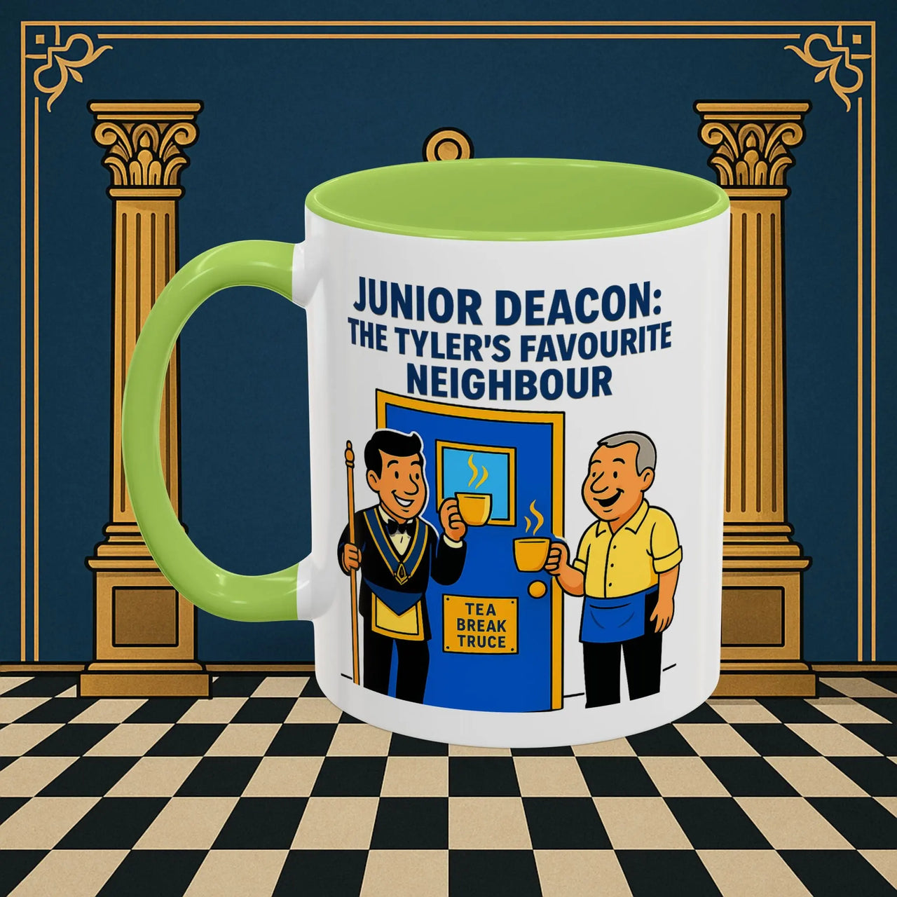 Masonic Mugs - Junior Deacon: Tea Break Truce, Masonic Brotherhood Cartoon, Junior Deacon Printify