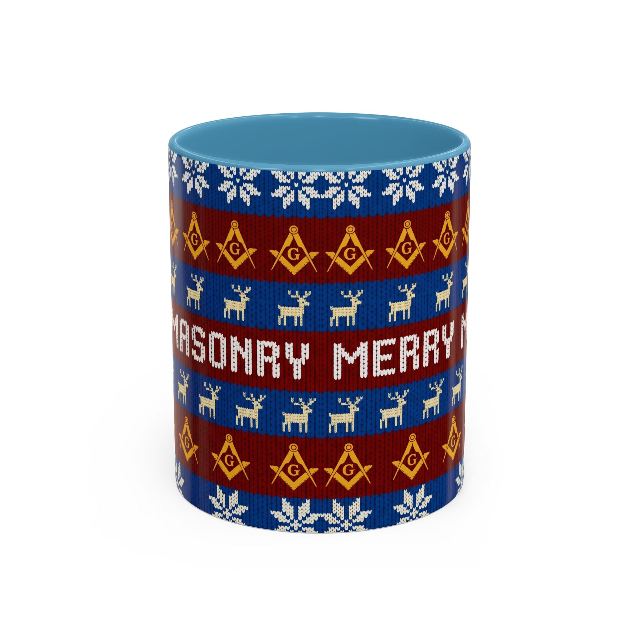 Masonry Merry Coffee Mug — Festive Freemason Holiday Ugly Sweater Design Printify