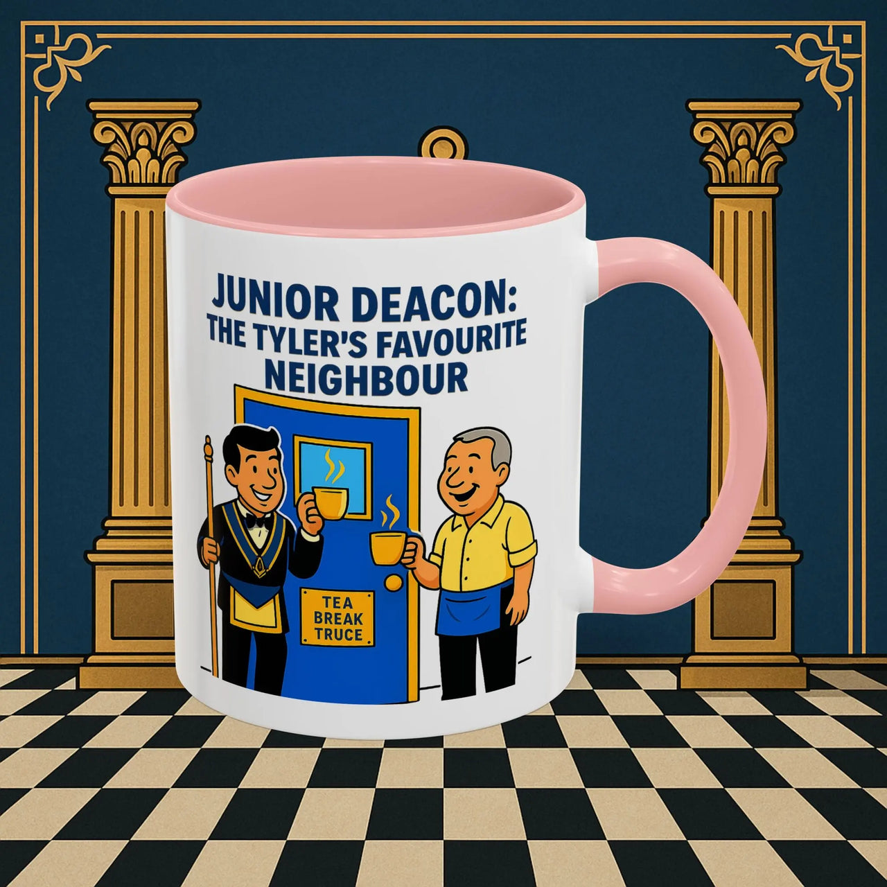 Masonic Mugs - Junior Deacon: Tea Break Truce, Masonic Brotherhood Cartoon, Junior Deacon Printify