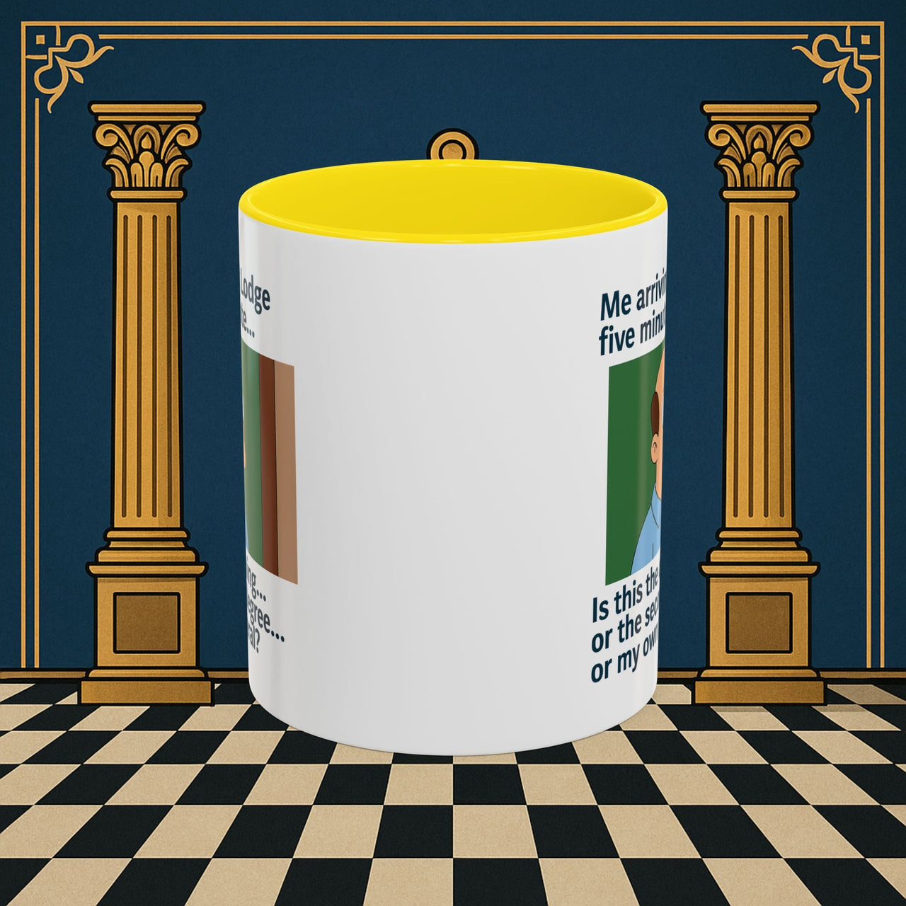 Masonic Mugs Ready to Go – Five Minutes Late (Accent Coloured 11oz Mug) Printify