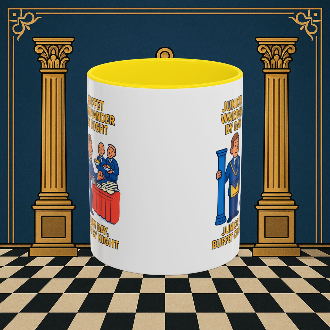 Masonic Mugs - Day/Night Professional: Dual Persona Comic Illustration, Junior Warden Printify