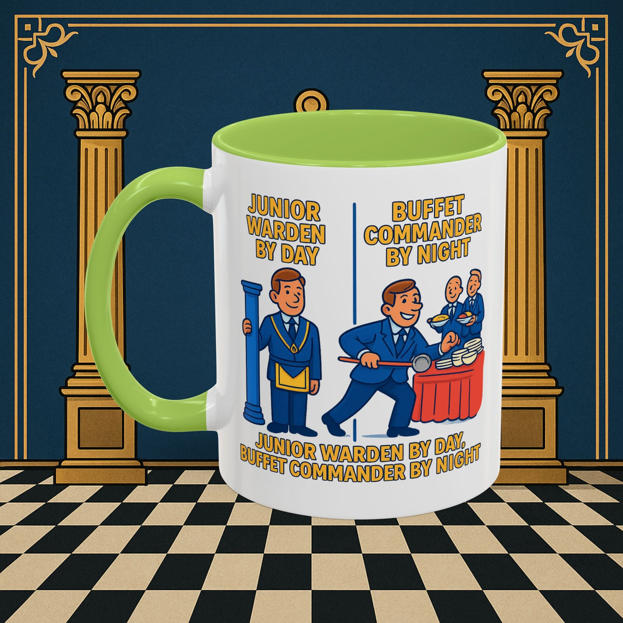 Masonic Mugs - Day/Night Professional: Dual Persona Comic Illustration, Junior Warden Printify