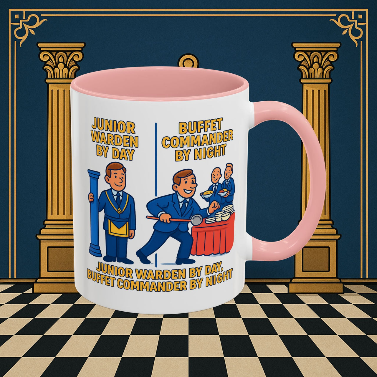 Masonic Mugs - Day/Night Professional: Dual Persona Comic Illustration, Junior Warden Printify
