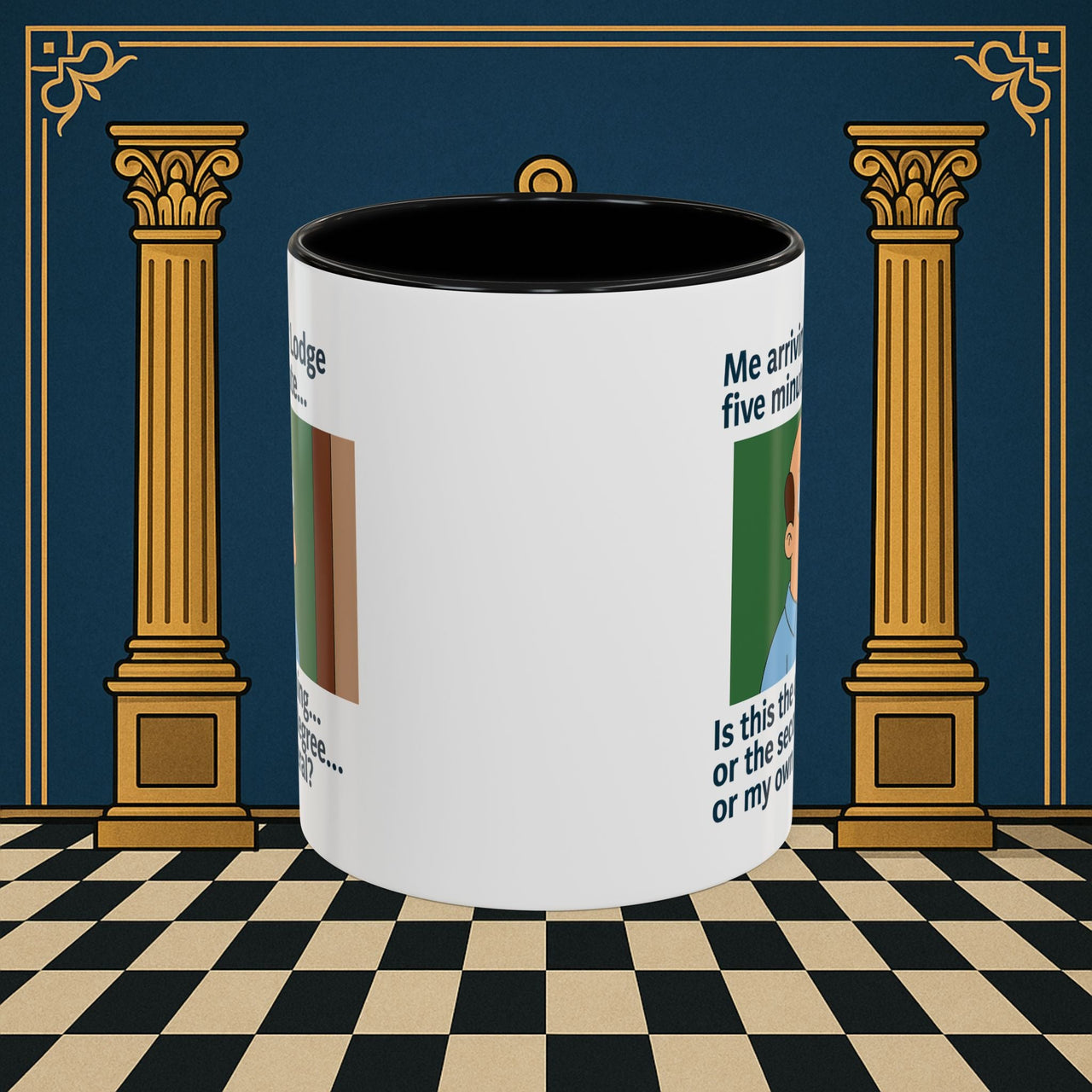 Masonic Mugs Ready to Go – Five Minutes Late (Accent Coloured 11oz Mug) Printify