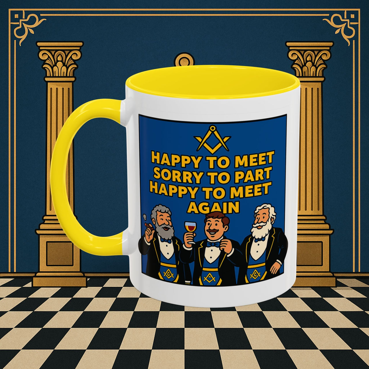 Masonic Mugs Ready to Go – Happy to Meet Again (Accent Coloured 11oz Mug) Printify