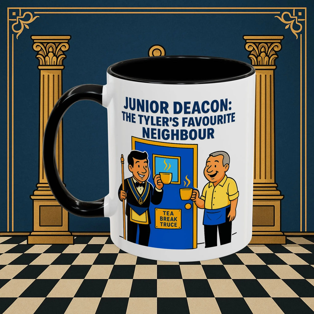 Masonic Mugs - Junior Deacon: Tea Break Truce, Masonic Brotherhood Cartoon, Junior Deacon Printify