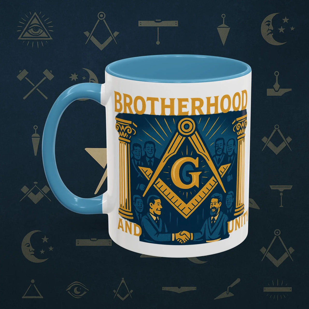 Masonic Mugs Ready to Go – Brotherhood and Unity (Accent Coloured 11oz Mug) Printify