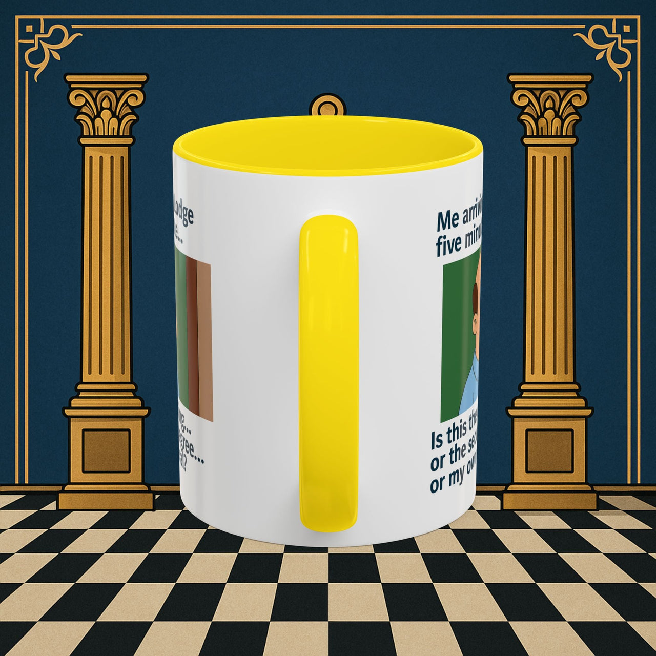 Masonic Mugs Ready to Go – Five Minutes Late (Accent Coloured 11oz Mug) Printify