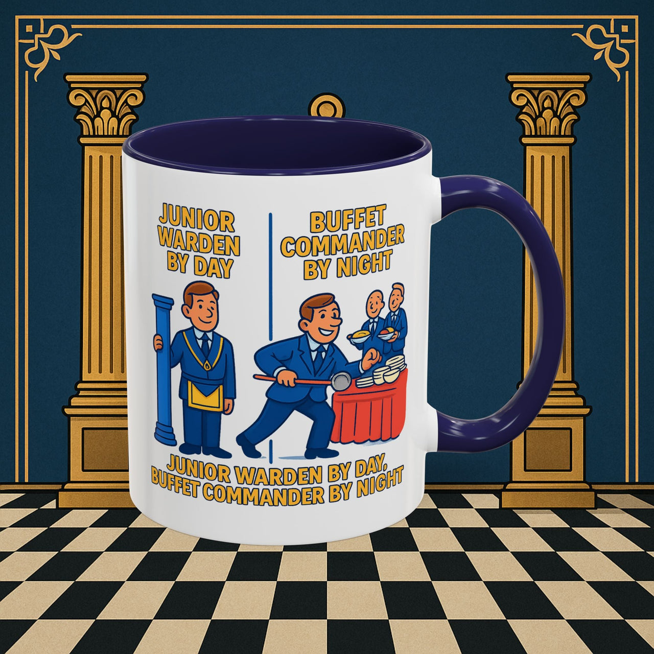 Masonic Mugs - Day/Night Professional: Dual Persona Comic Illustration, Junior Warden Printify