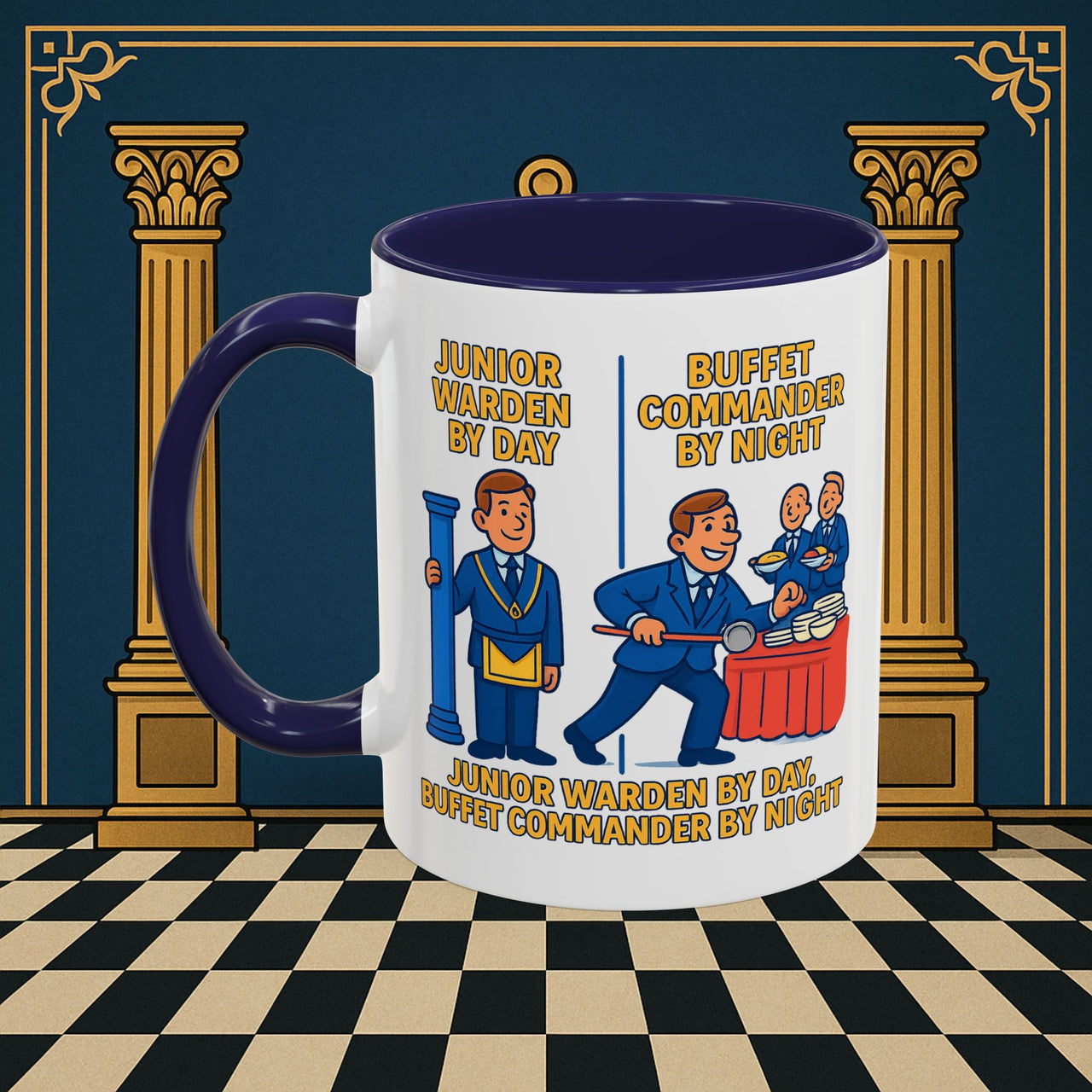Masonic Mugs - Day/Night Professional: Dual Persona Comic Illustration, Junior Warden Printify