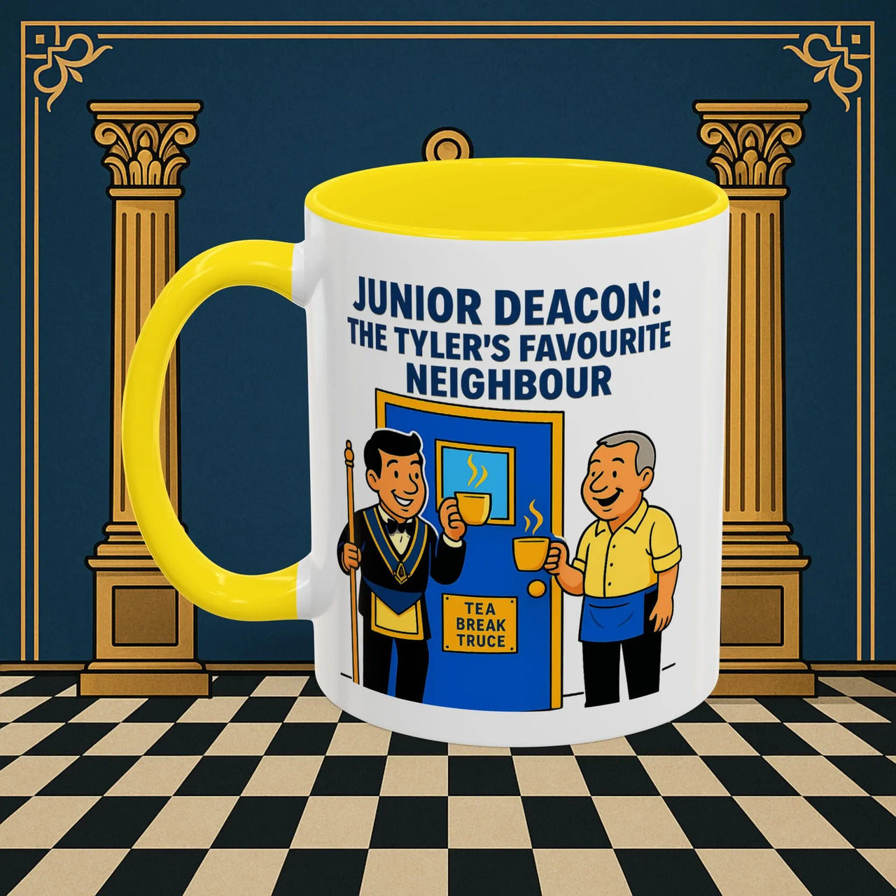 Masonic Mugs - Junior Deacon: Tea Break Truce, Masonic Brotherhood Cartoon, Junior Deacon Printify