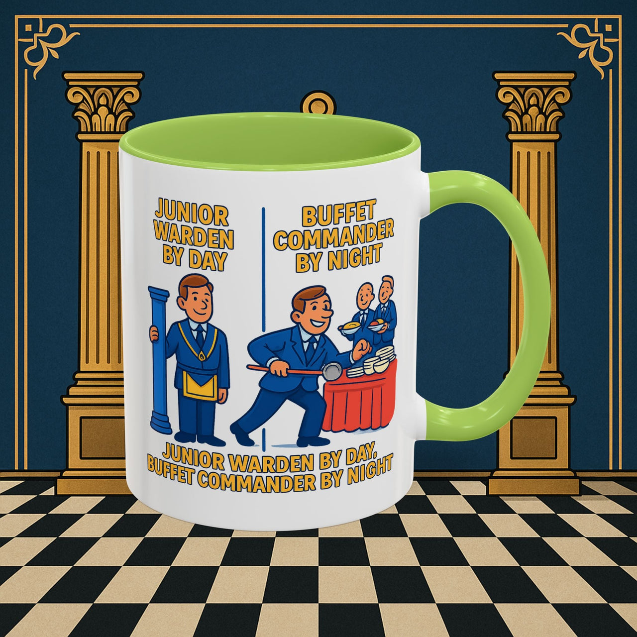 Masonic Mugs - Day/Night Professional: Dual Persona Comic Illustration, Junior Warden Printify