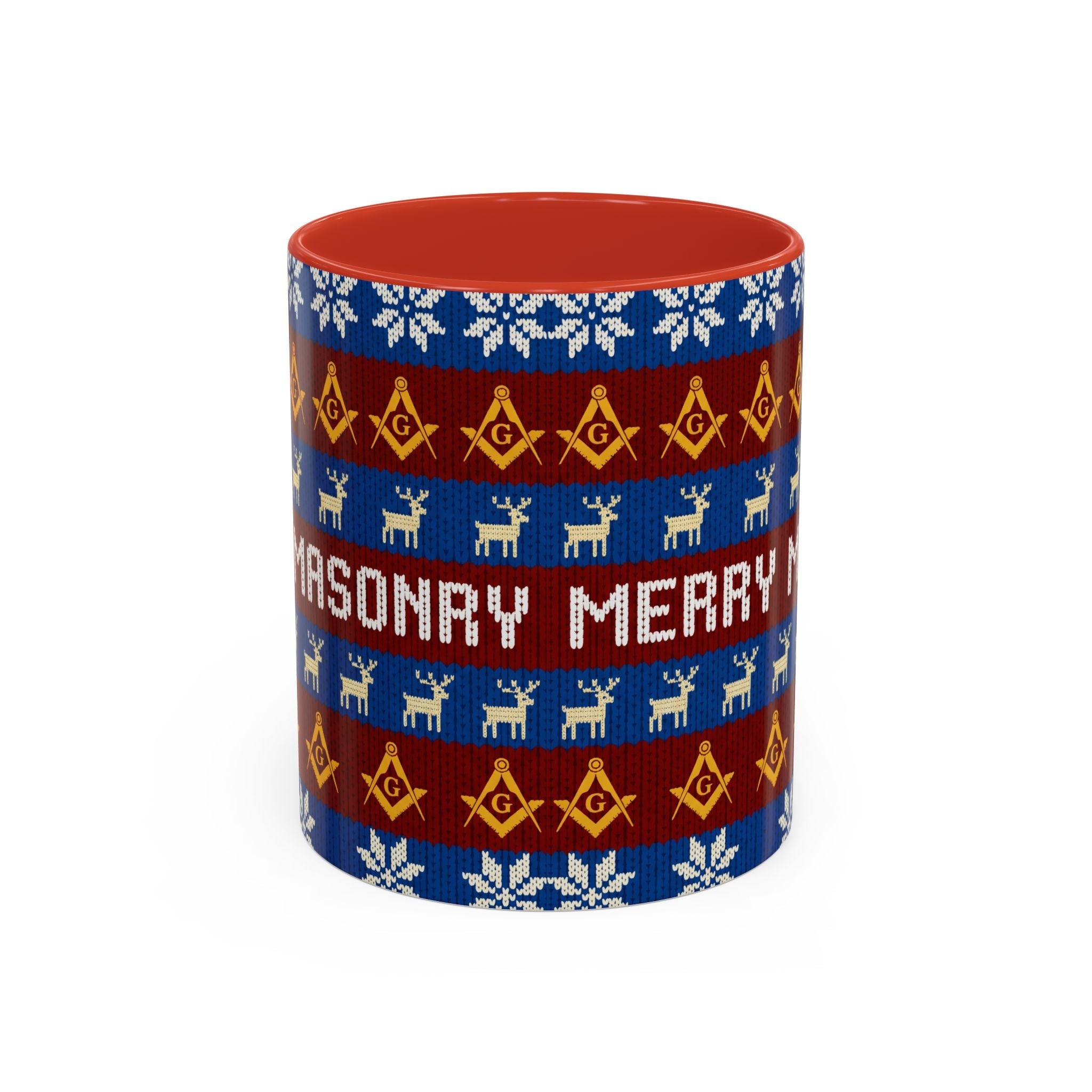 Masonry Merry Coffee Mug — Festive Freemason Holiday Ugly Sweater Design Printify