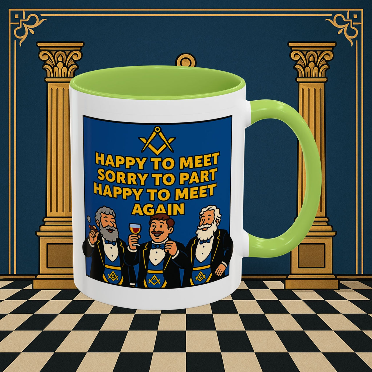 Masonic Mugs Ready to Go – Happy to Meet Again (Accent Coloured 11oz Mug) Printify