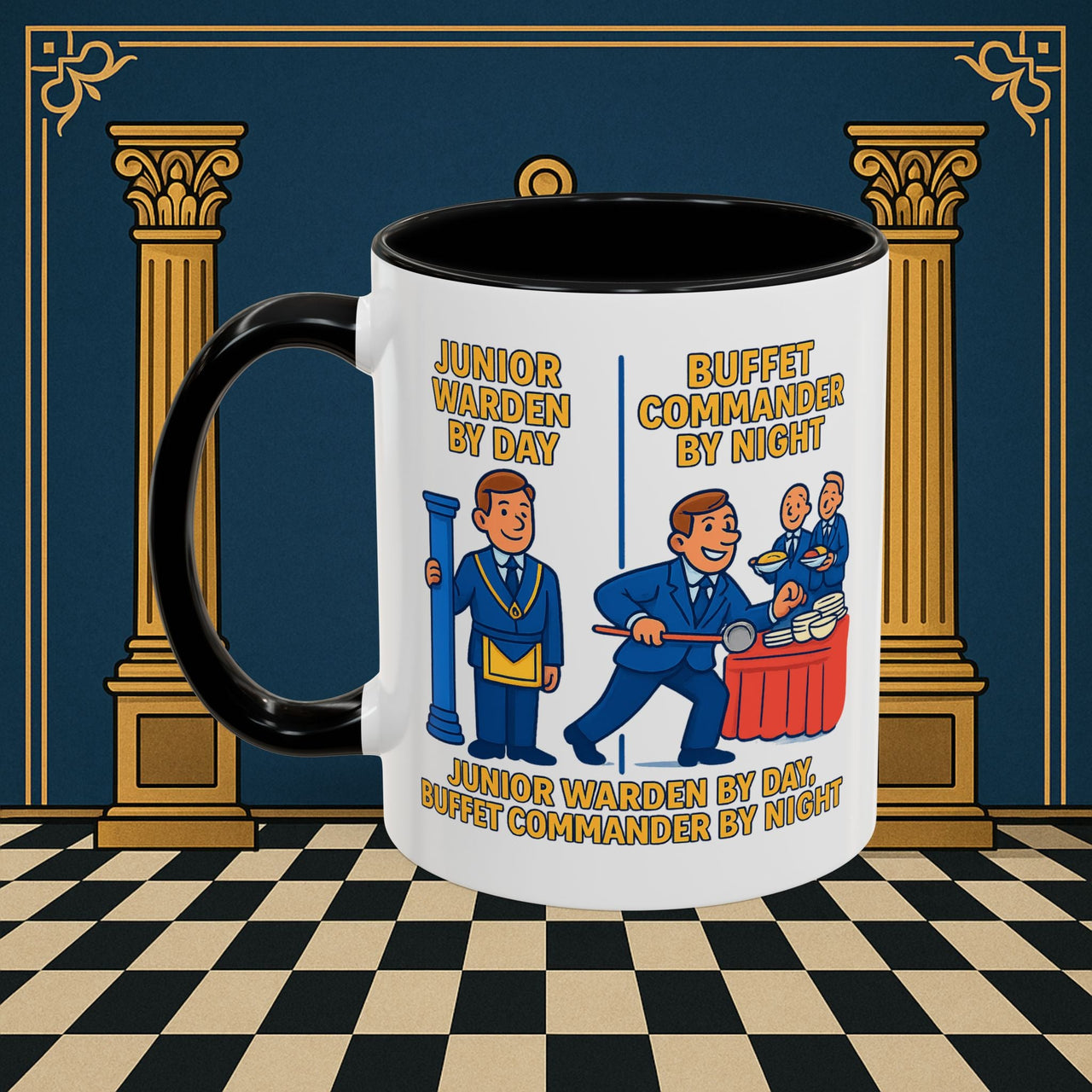Masonic Mugs - Day/Night Professional: Dual Persona Comic Illustration, Junior Warden Printify