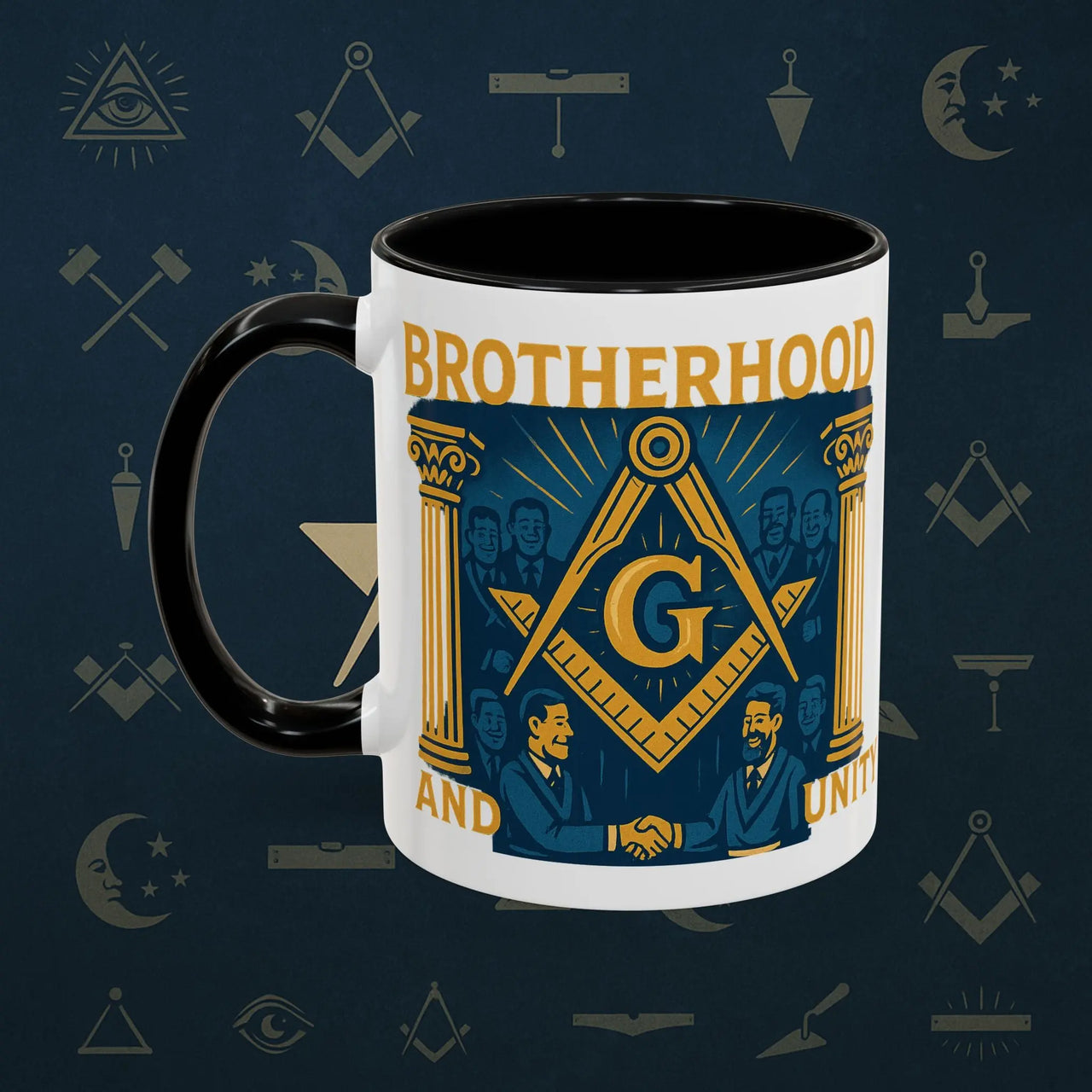 Masonic Mugs Ready to Go – Brotherhood and Unity (Accent Coloured 11oz Mug) Printify