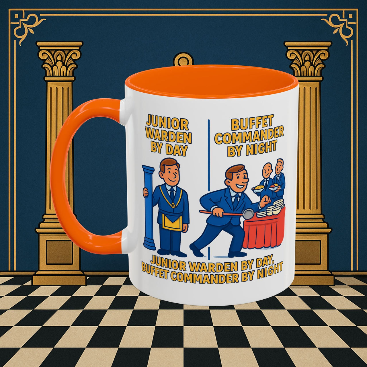 Masonic Mugs - Day/Night Professional: Dual Persona Comic Illustration, Junior Warden Printify