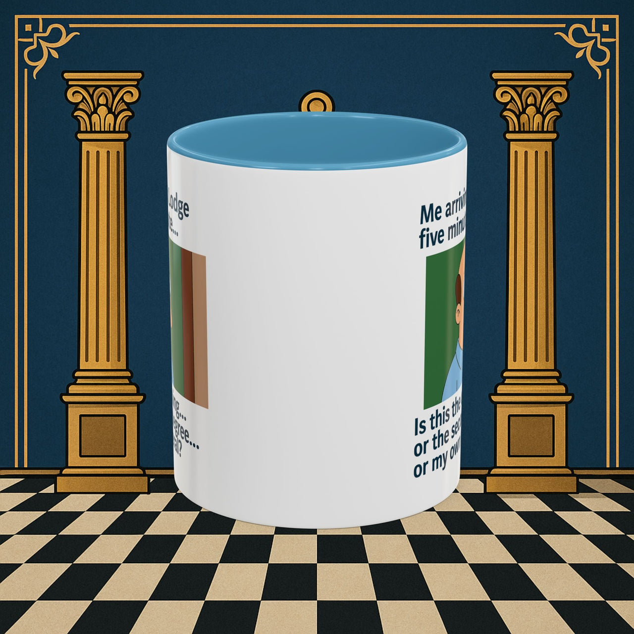 Masonic Mugs Ready to Go – Five Minutes Late (Accent Coloured 11oz Mug) Printify