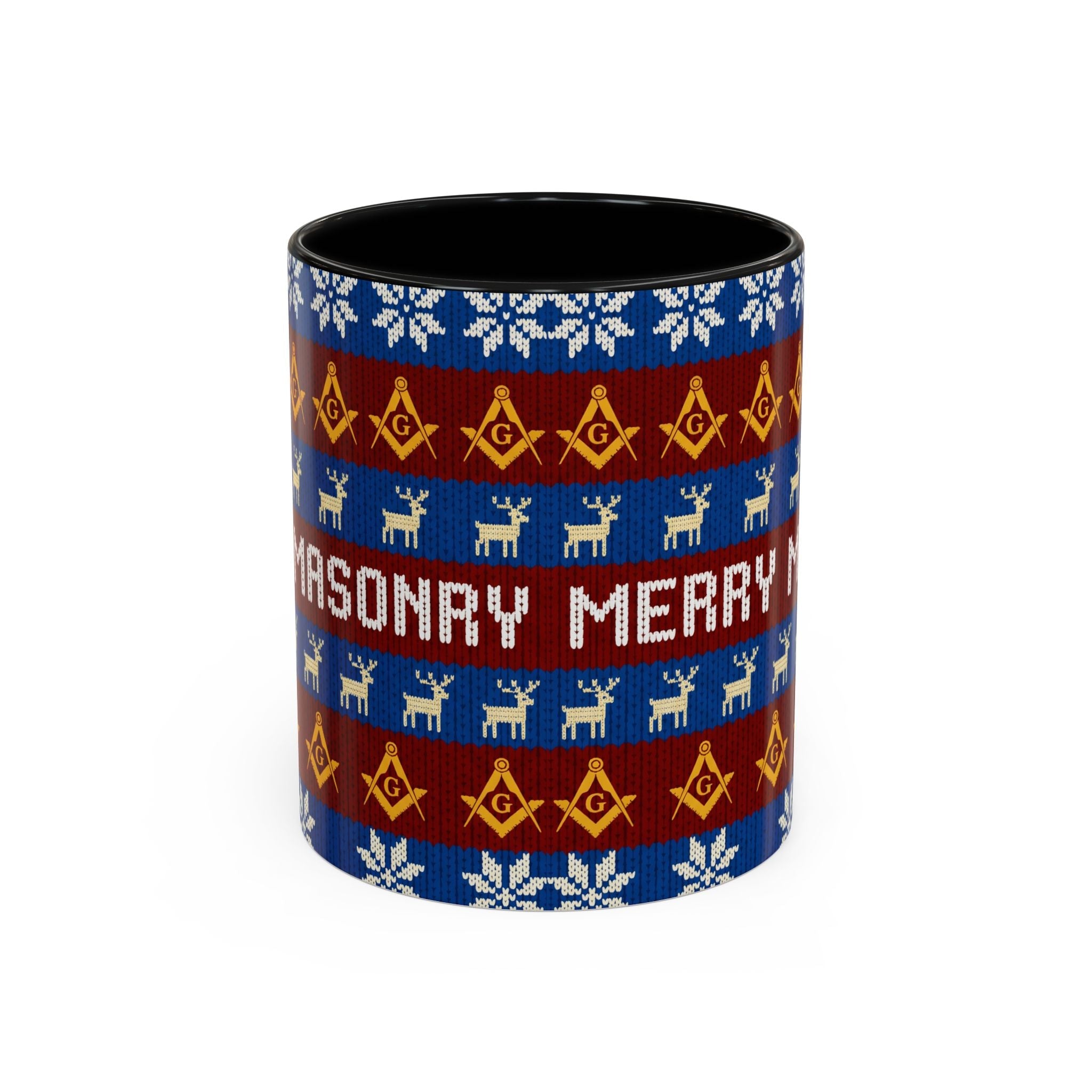 Masonry Merry Coffee Mug — Festive Freemason Holiday Ugly Sweater Design Printify