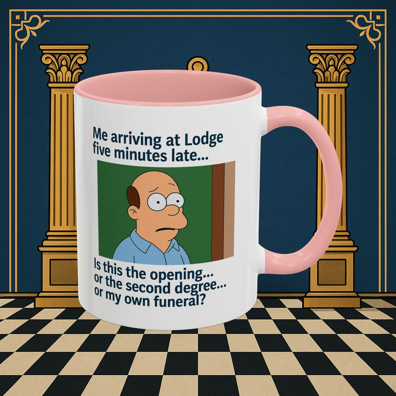 Masonic Mugs Ready to Go – Five Minutes Late (Accent Coloured 11oz Mug) Printify