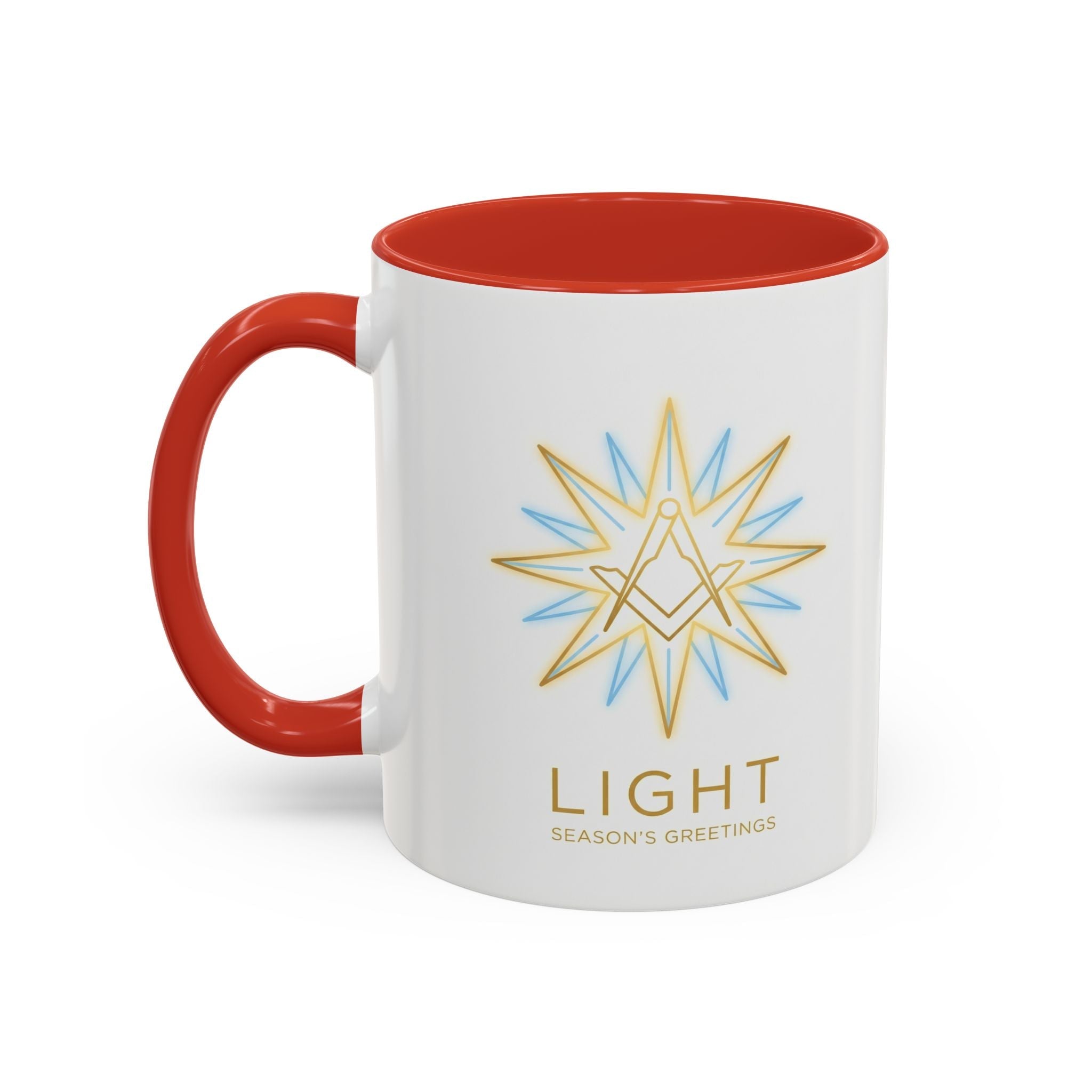 Light Season's Greetings Accent Coffee Mug — Holiday Star Emblem Masonic Mugs