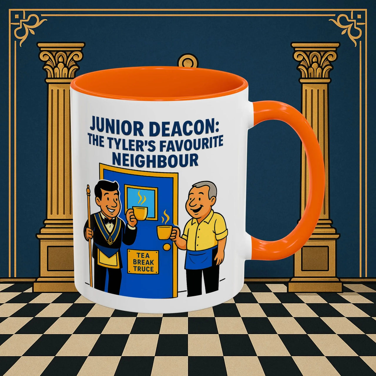 Masonic Mugs - Junior Deacon: Tea Break Truce, Masonic Brotherhood Cartoon, Junior Deacon Printify