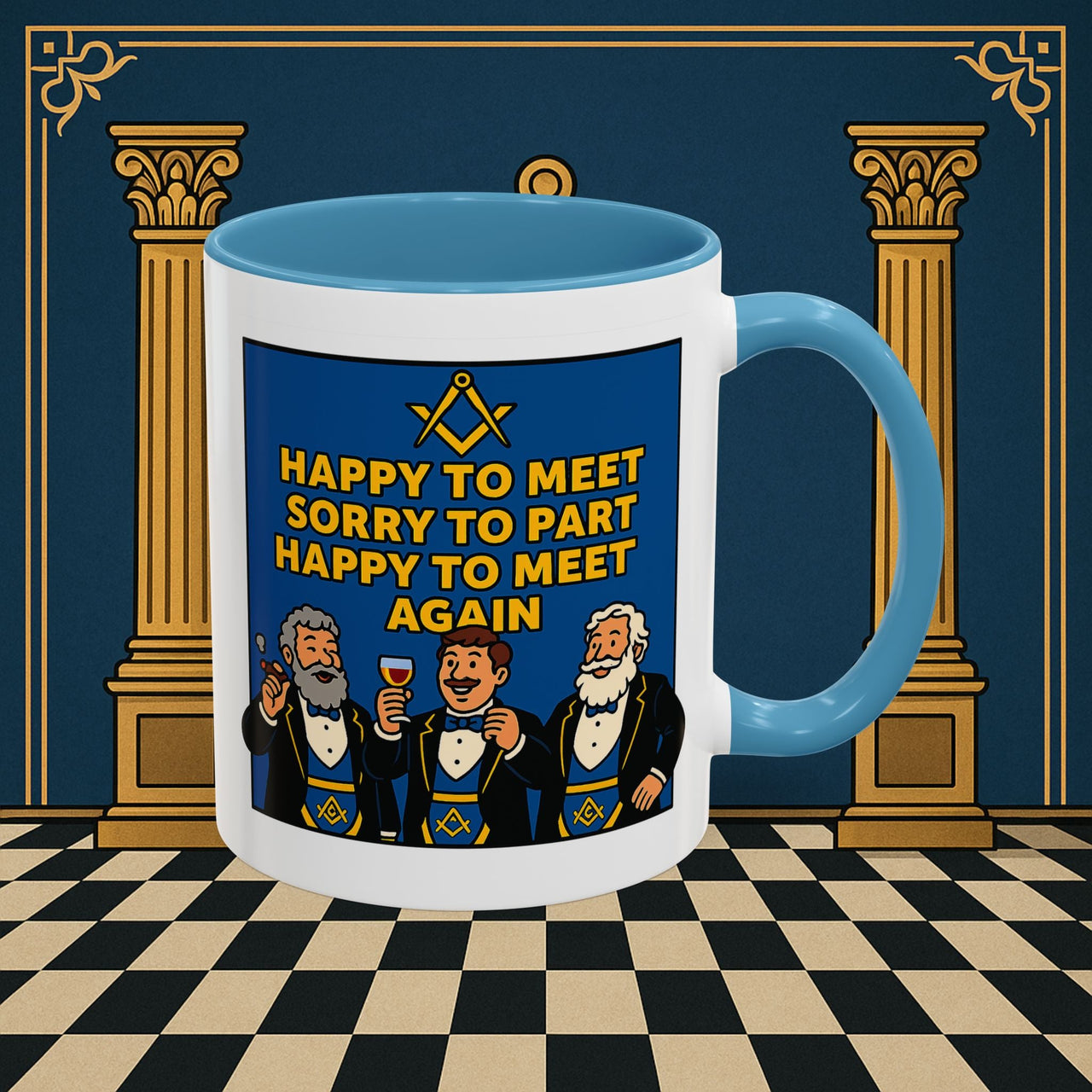 Masonic Mugs Ready to Go – Happy to Meet Again (Accent Coloured 11oz Mug) Printify