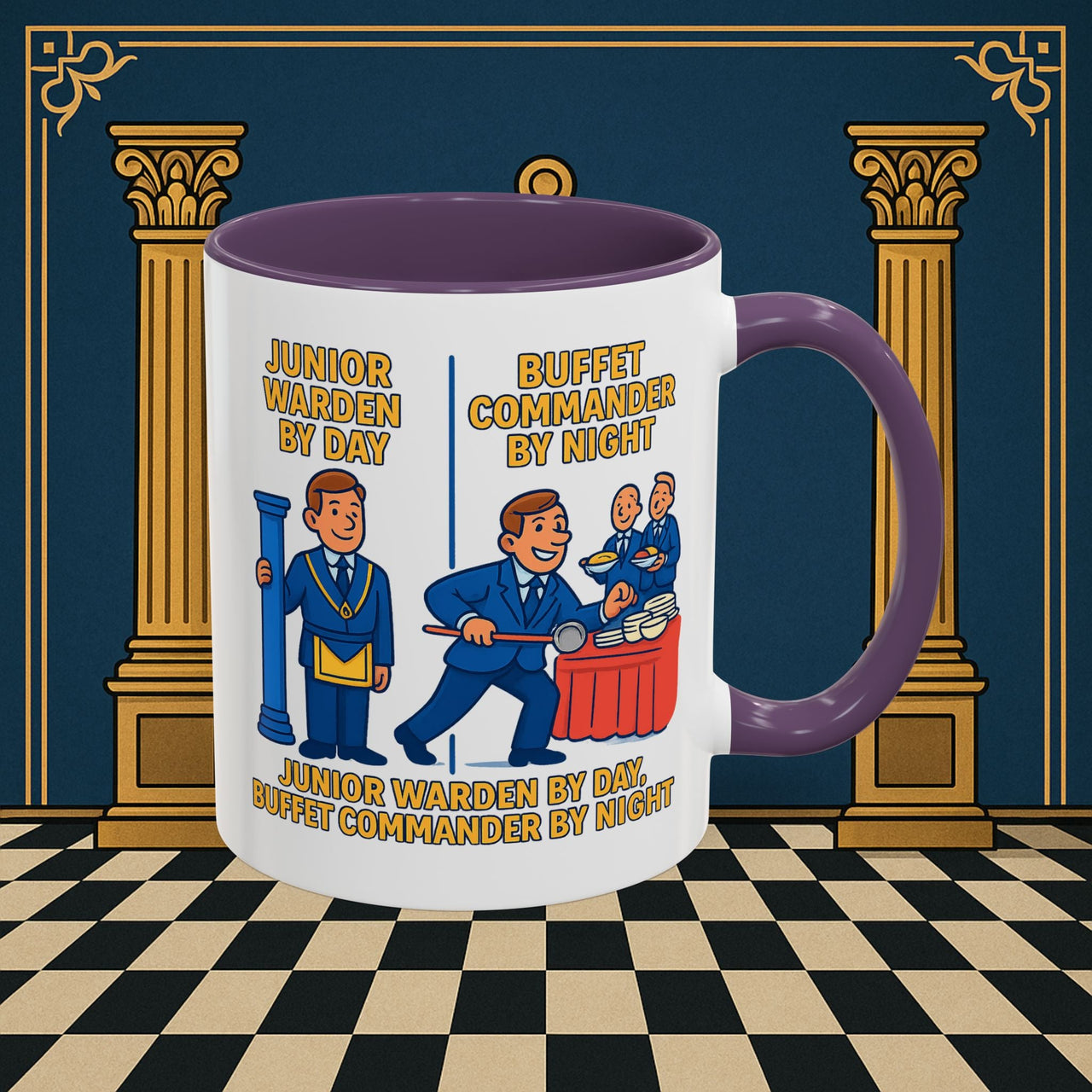 Masonic Mugs - Day/Night Professional: Dual Persona Comic Illustration, Junior Warden Printify