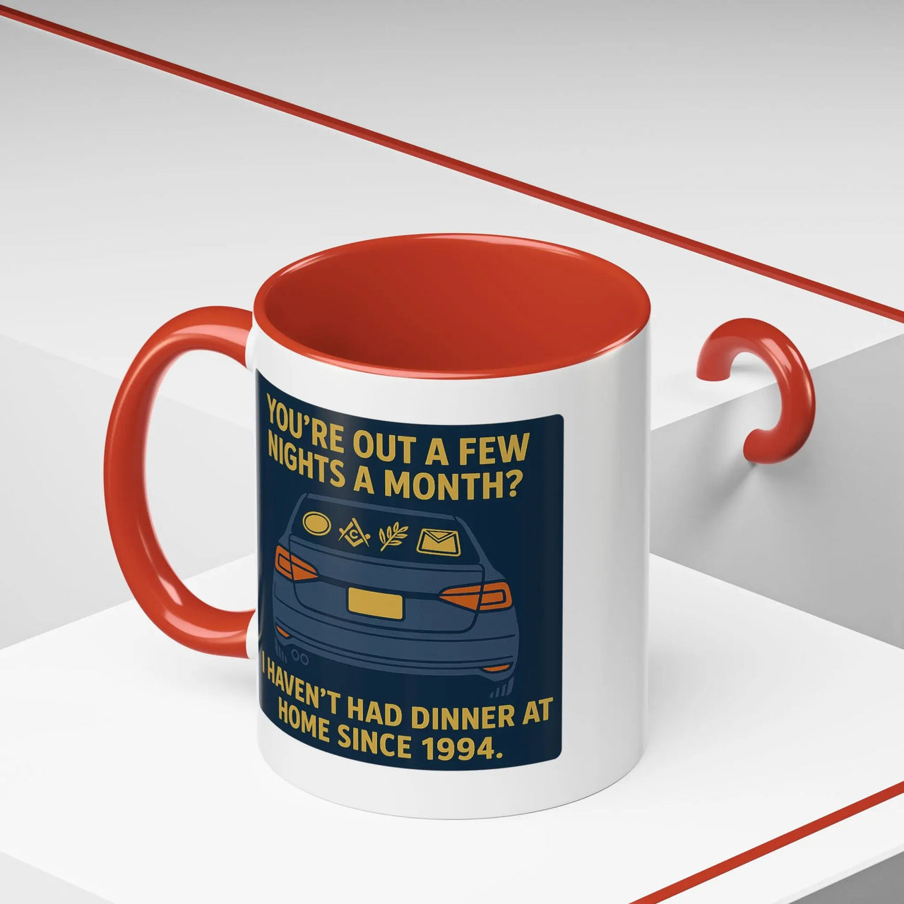 Masonic Mugs Ready to Go – Dinner at Home? Never Heard of It (Accent Coloured 11oz Mug) Printify